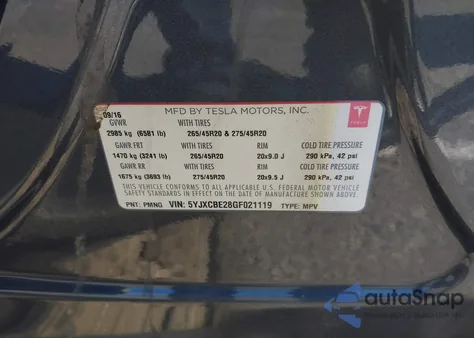 2016 Tesla Model X 60D/70D/75D/90D/P100D from USA, damaged, VIN 5YJXCBE28GF021119